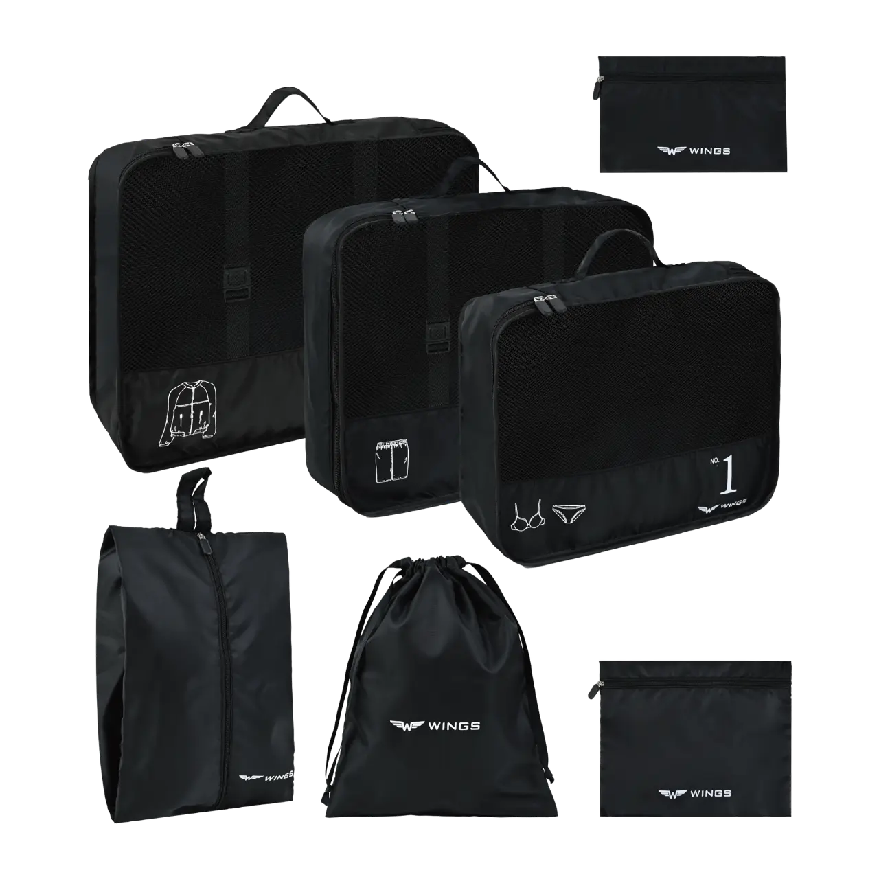 WINGS Zestaw 7 organizerów podróżnych BLACK TRAVEL MUST HAVE