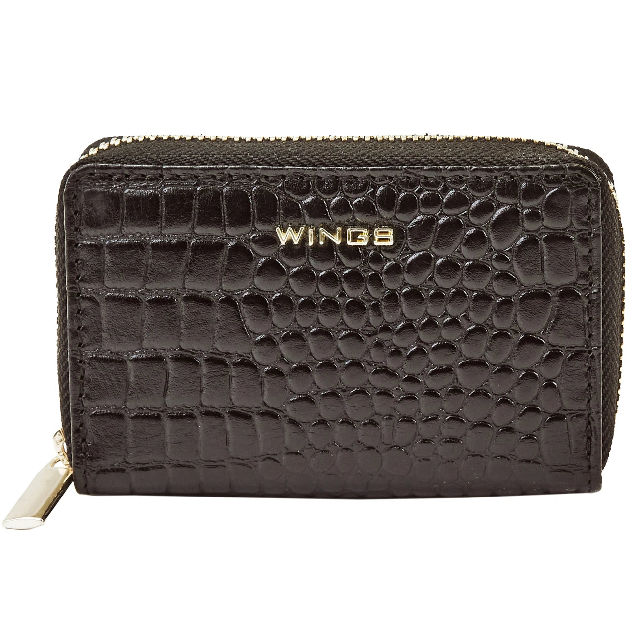 WINGS Mały portfel damski ze skóry naturalnej zapinany na zamek CROCO BLACK LEATHER COLLECTION