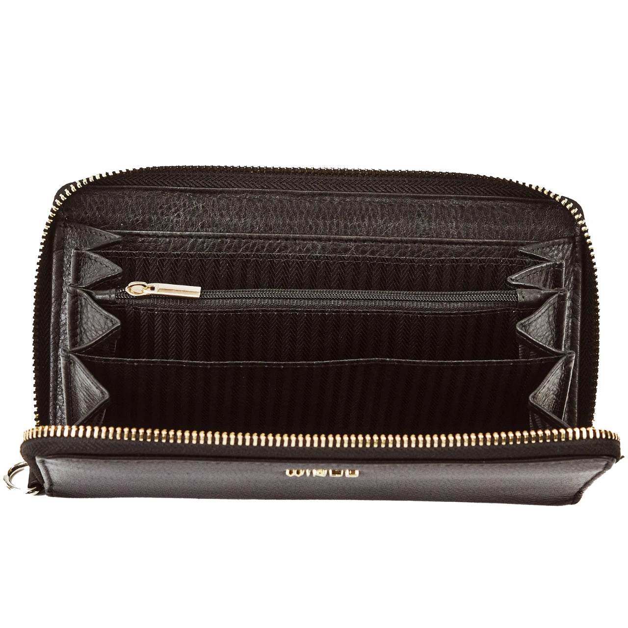 Damski portfel skórzany z paskiem na nadgarstek WINGS BLACK LEATHER COLLECTION