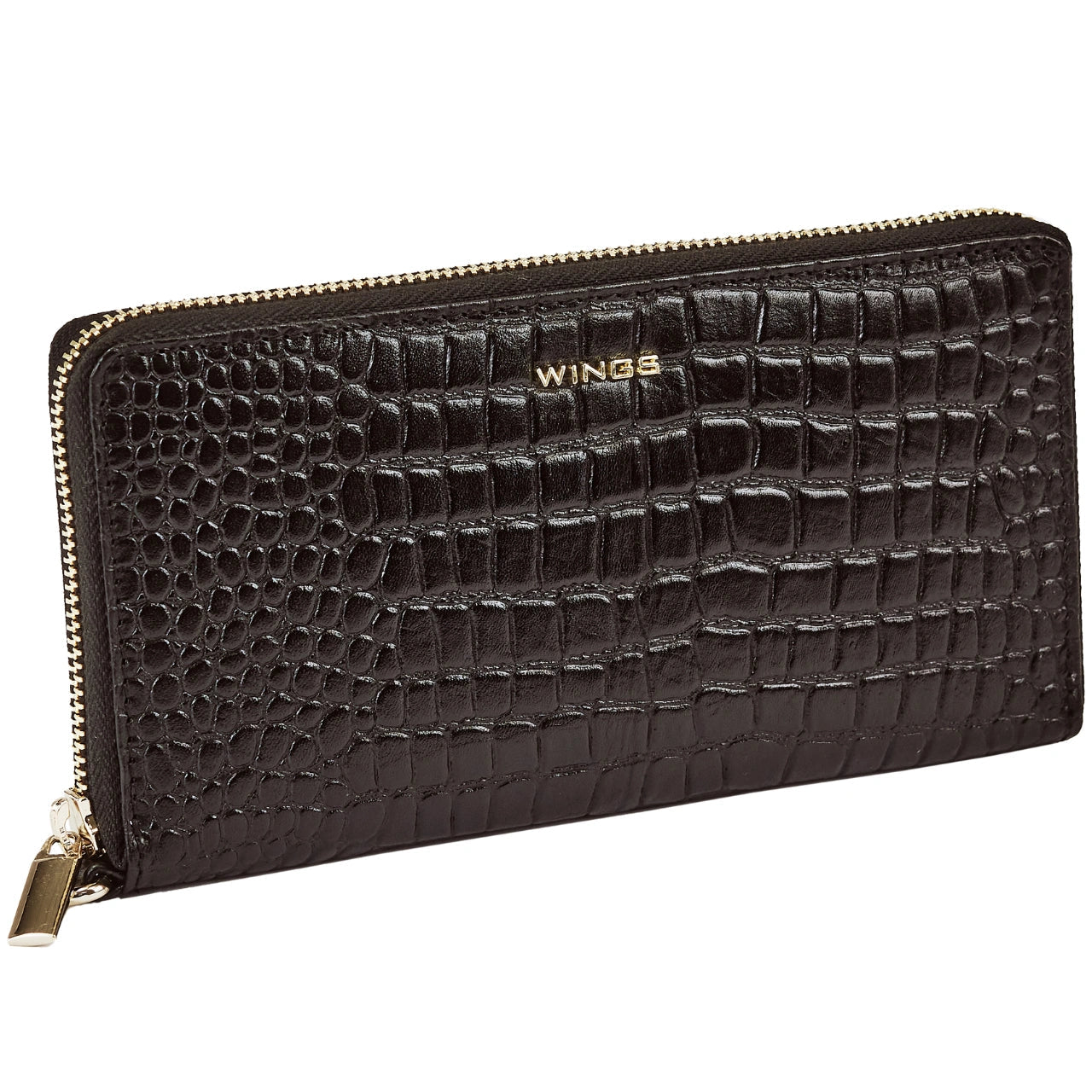 Damski portfel skórzany z paskiem na nadgarstek WINGS CROCO BLACK LEATHER COLLECTION
