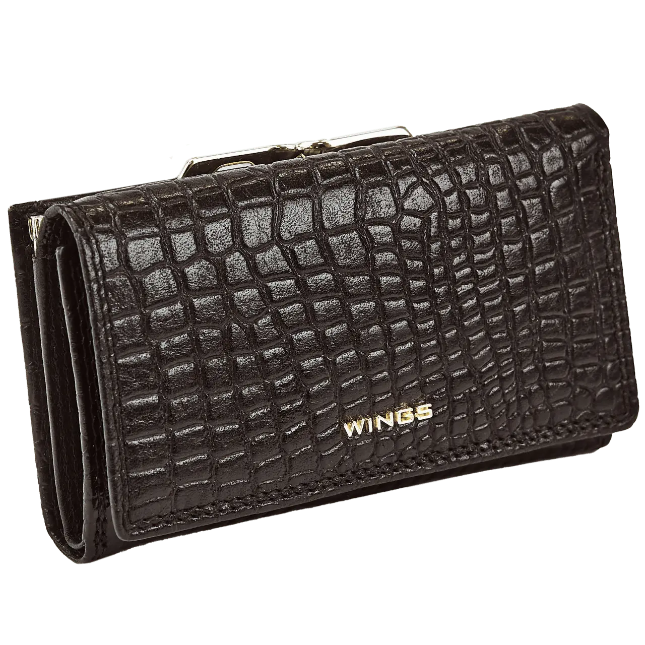 Damski portfel skórzany WINGS z ochroną RFID o pojemnym wnętrzu CROCO BLACK LEATHER COLLECTION