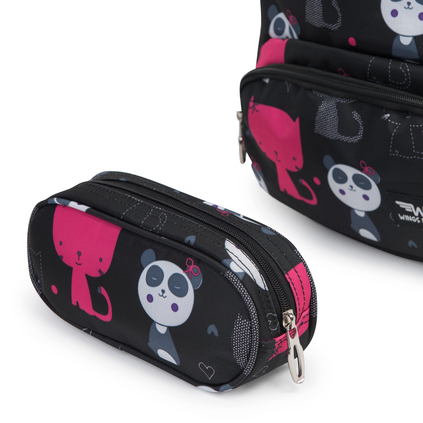 Lasten WINGS-koulureppu 19 l penaalilla, panda- ja kissakuviot, kevyt, BLACK