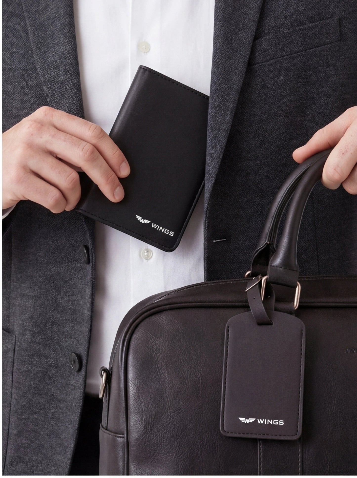 Etui na paszport i identyfikator do bagażu - elegancki zestaw podróżny z PU leather BLACK TRAVEL MUST HAVE