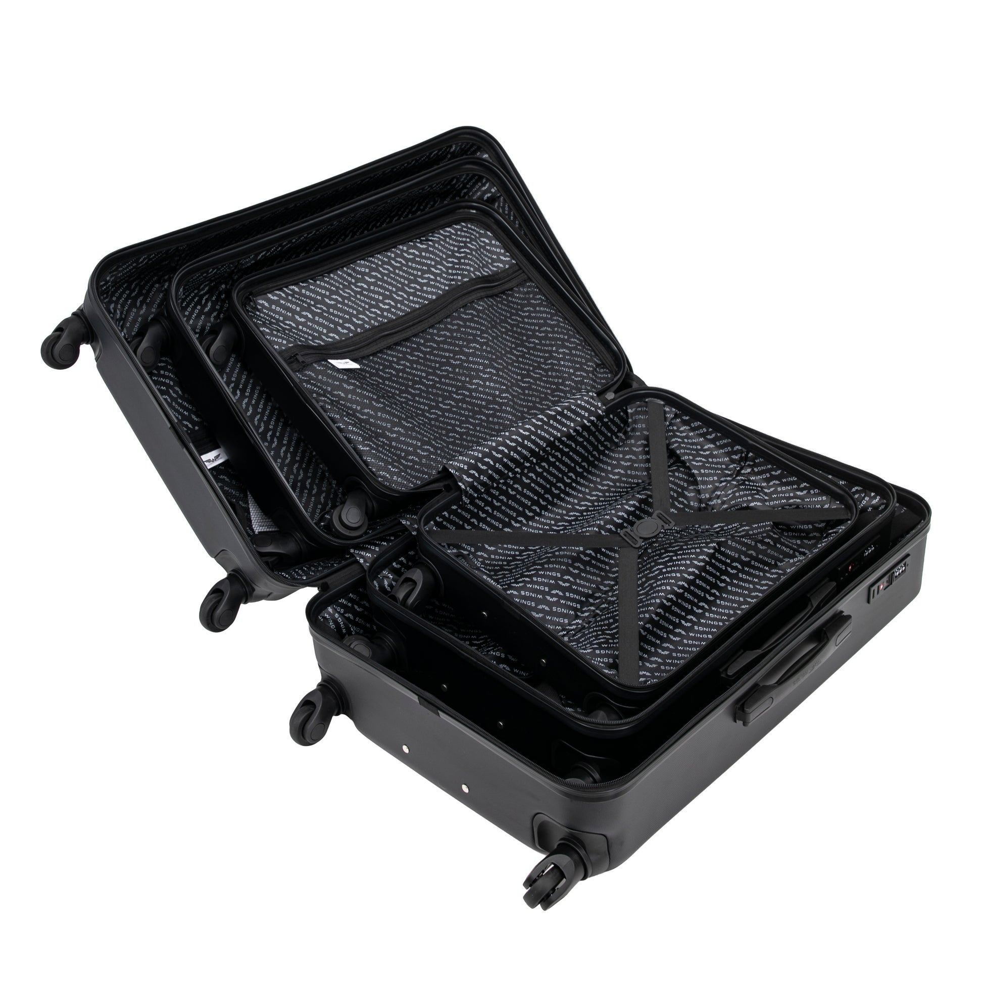 WINGS Merlin-kofferset, 3 stuks, van 100% polycarbonaat, ZWART