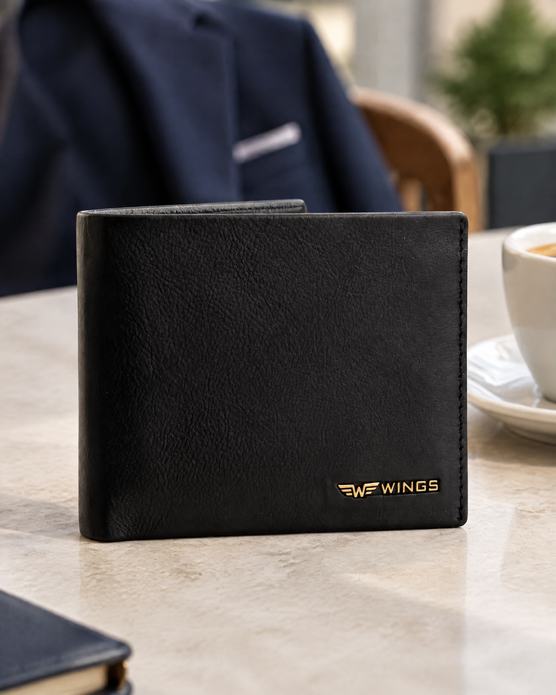 Мъжки портфейл WINGS от естествена биволска кожа, черен