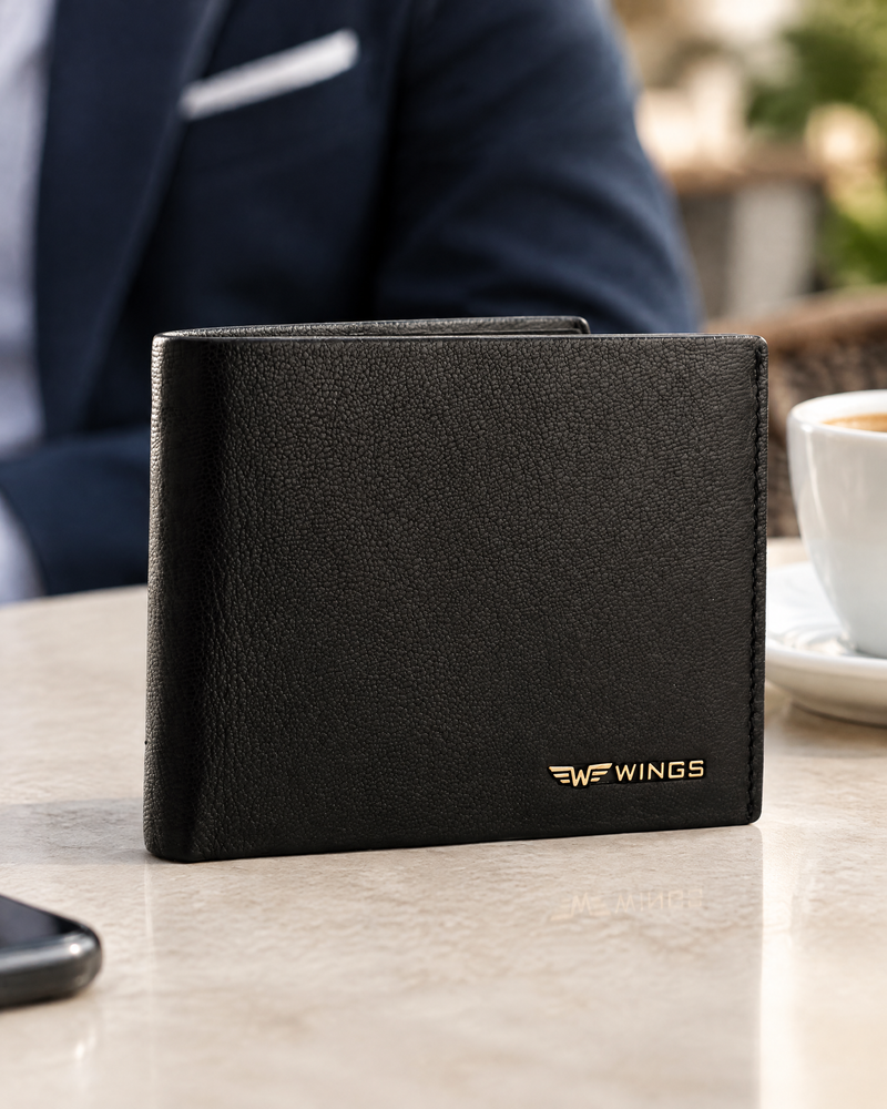 Мъжки портфейл WINGS от естествена козина кожа, черен