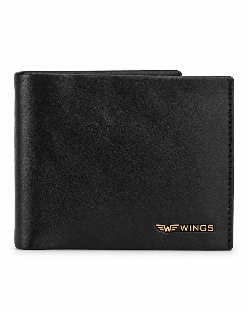 WINGS Мъжки портфейл от естествена биволска кожа с отварящ се капак Черен