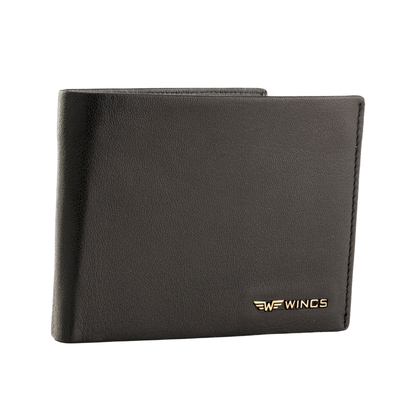 WINGS Portafoglio da uomo in pelle naturale con patta ribaltabile nero