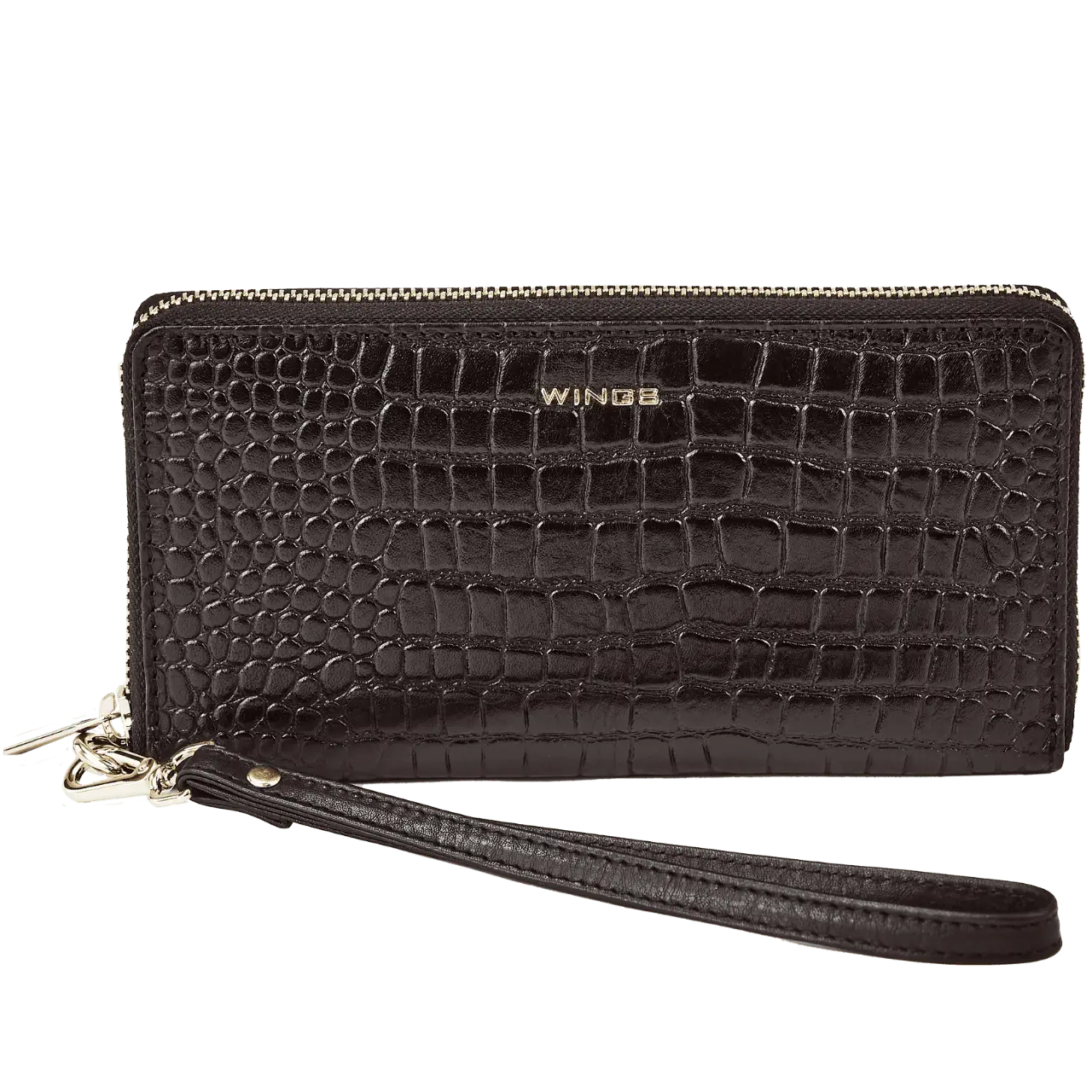 Damski portfel skórzany z paskiem na nadgarstek WINGS CROCO BLACK LEATHER COLLECTION
