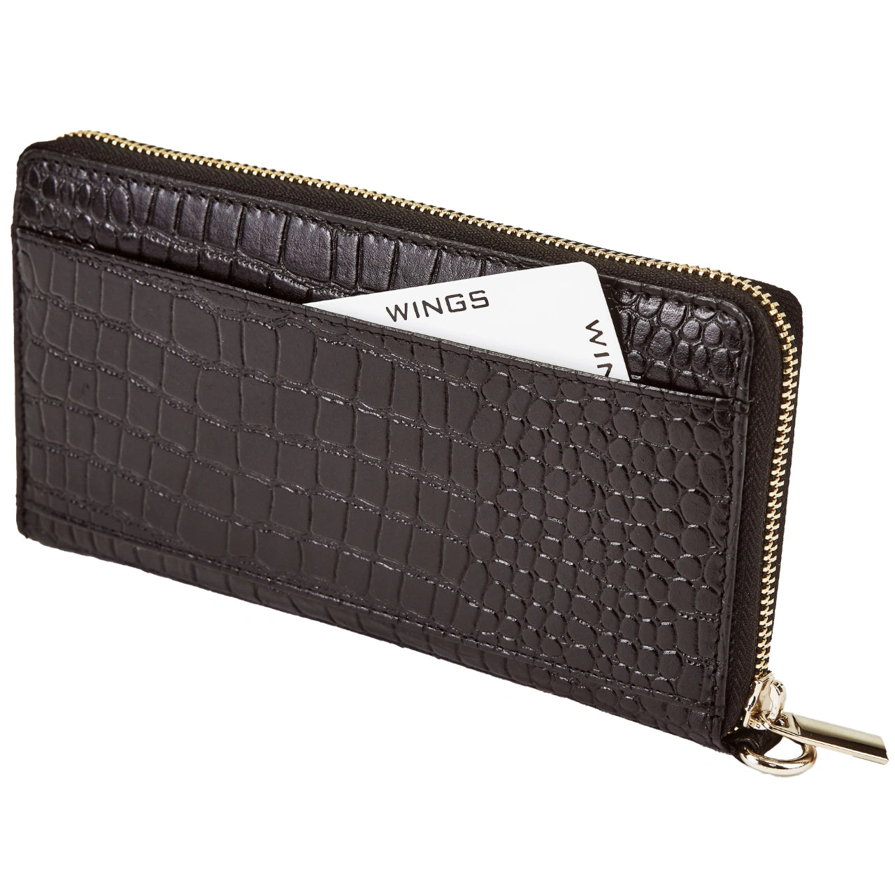 Damski portfel skórzany z paskiem na nadgarstek WINGS CROCO BLACK LEATHER COLLECTION