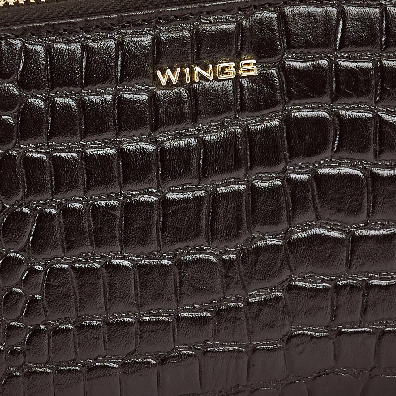 Damski portfel skórzany z paskiem na nadgarstek WINGS CROCO BLACK LEATHER COLLECTION