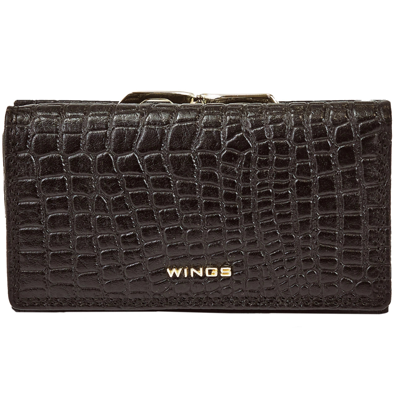 Damski portfel skórzany WINGS z ochroną RFID o pojemnym wnętrzu CROCO BLACK LEATHER COLLECTION