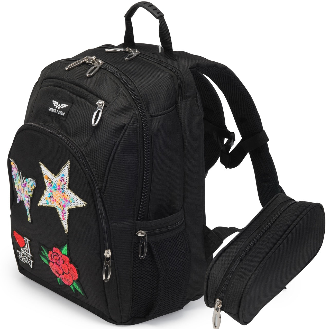 Детска ученическа раница WINGS 19 L с несесер и нашивки LOVE