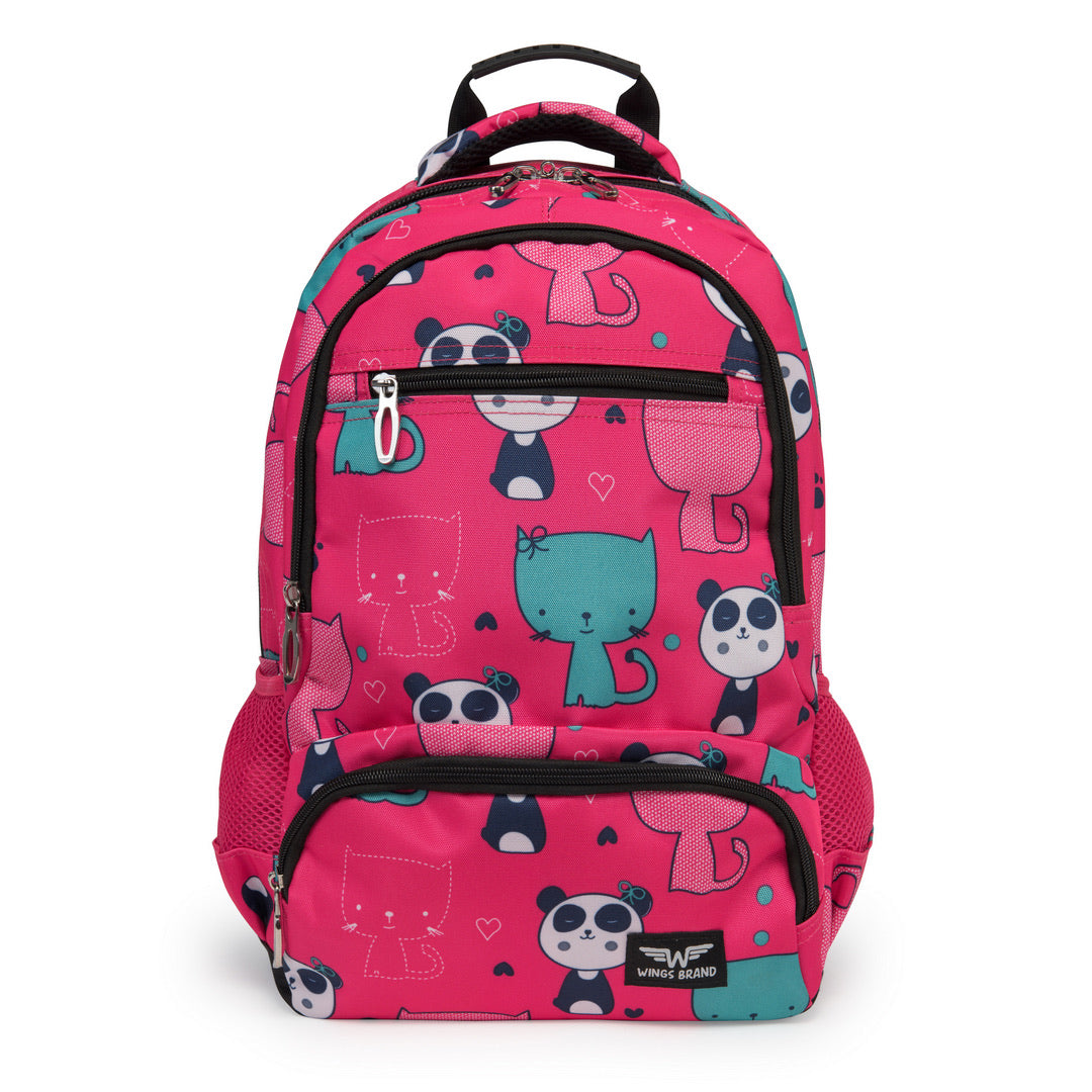 Zaino scolastico per bambini WINGS da 19 L con astuccio, panda e gattini, leggero, PINK
