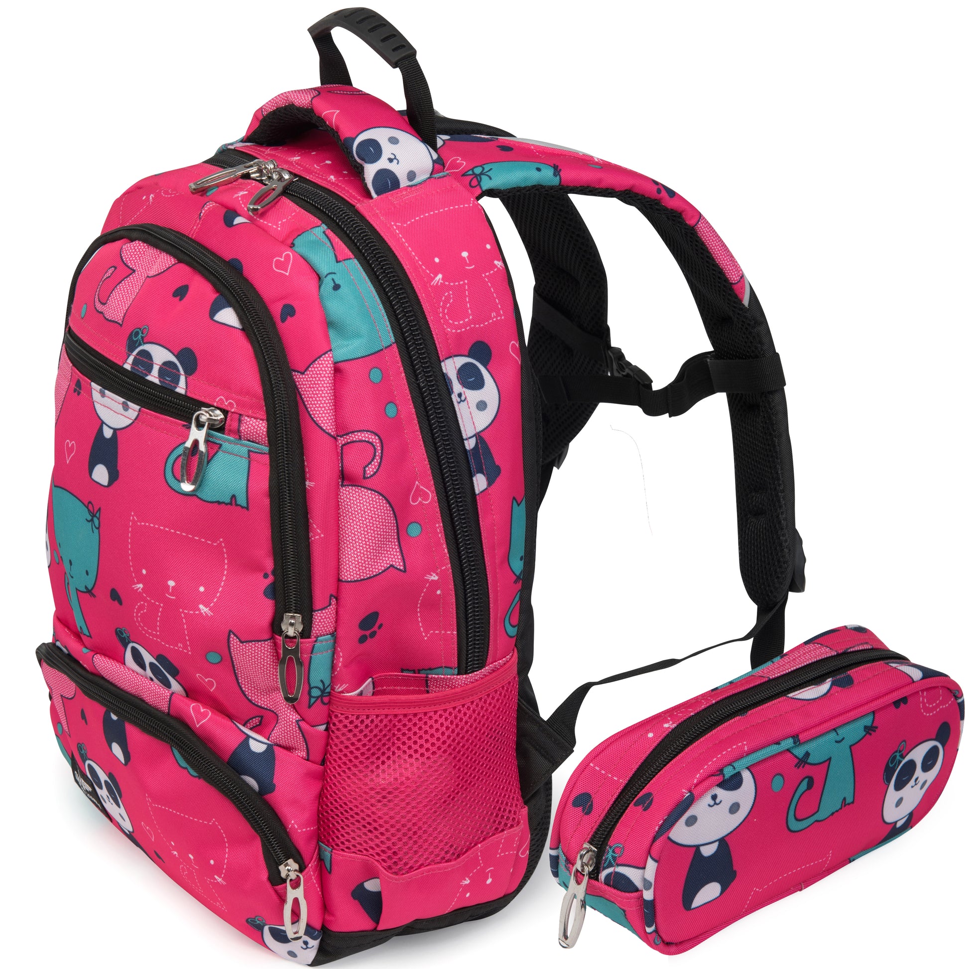 Zaino scolastico per bambini WINGS da 19 L con astuccio, panda e gattini, leggero, PINK