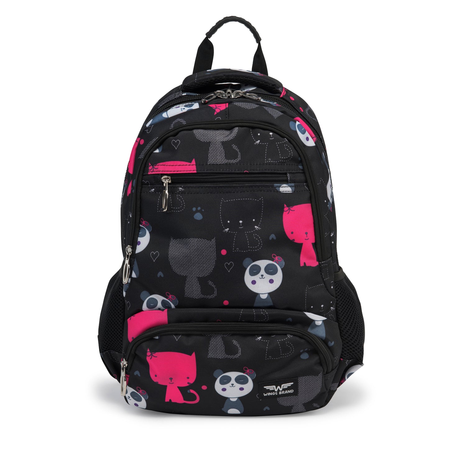 Lasten WINGS-koulureppu 19 l penaalilla, panda- ja kissakuviot, kevyt, BLACK