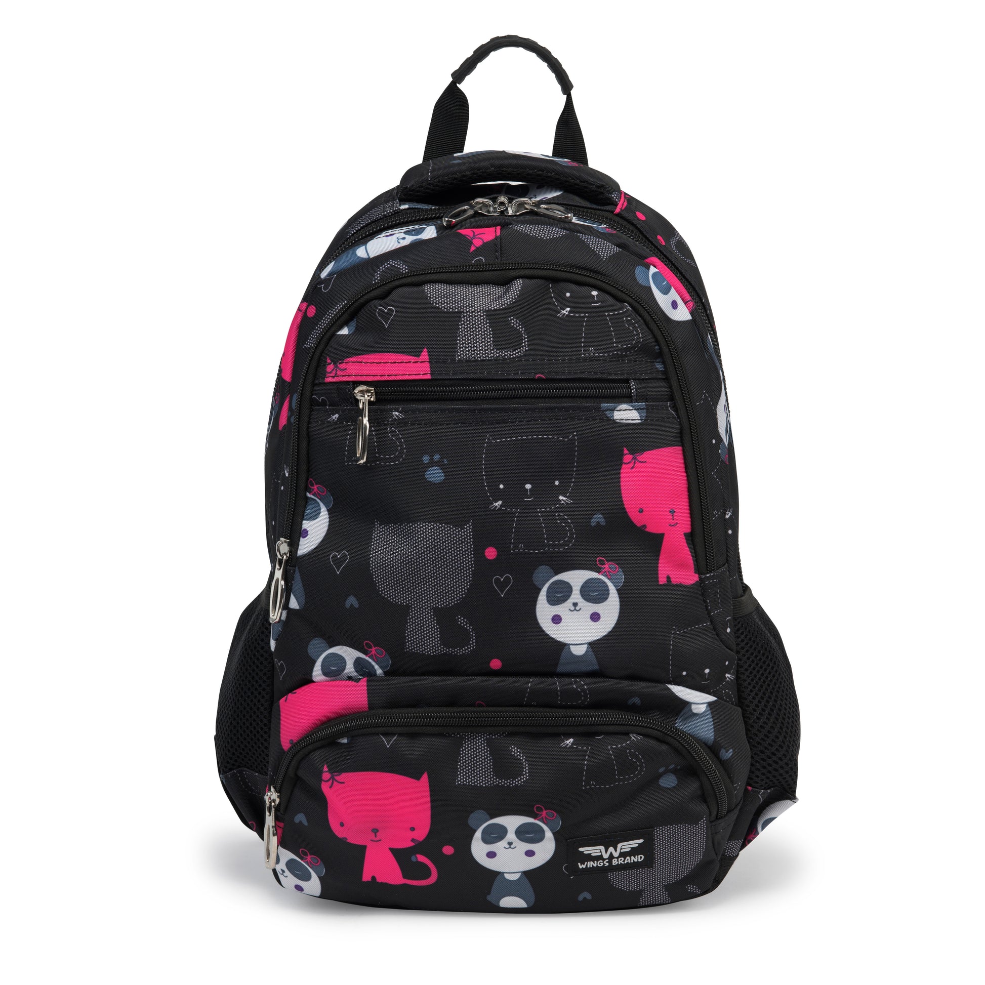 Lasten WINGS-koulureppu 19 l penaalilla, panda- ja kissakuviot, kevyt, BLACK