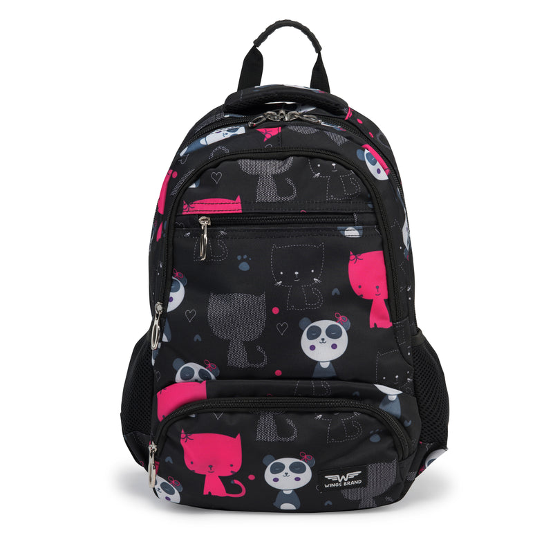 WINGS kinder-schoolrugzak 19L met etui, panda en katjes, voor school, lichtgewicht, ZWART