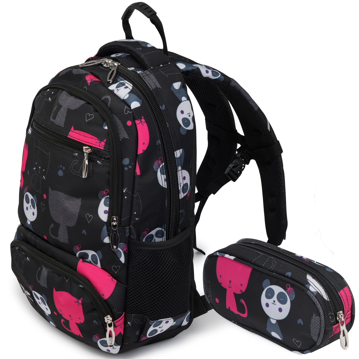 Lasten WINGS-koulureppu 19 l penaalilla, panda- ja kissakuviot, kevyt, BLACK