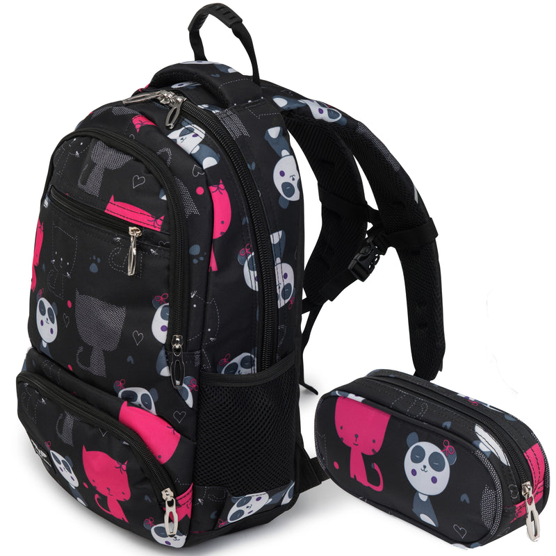 WINGS kinder-schoolrugzak 19L met etui, panda en katjes, voor school, lichtgewicht, ZWART