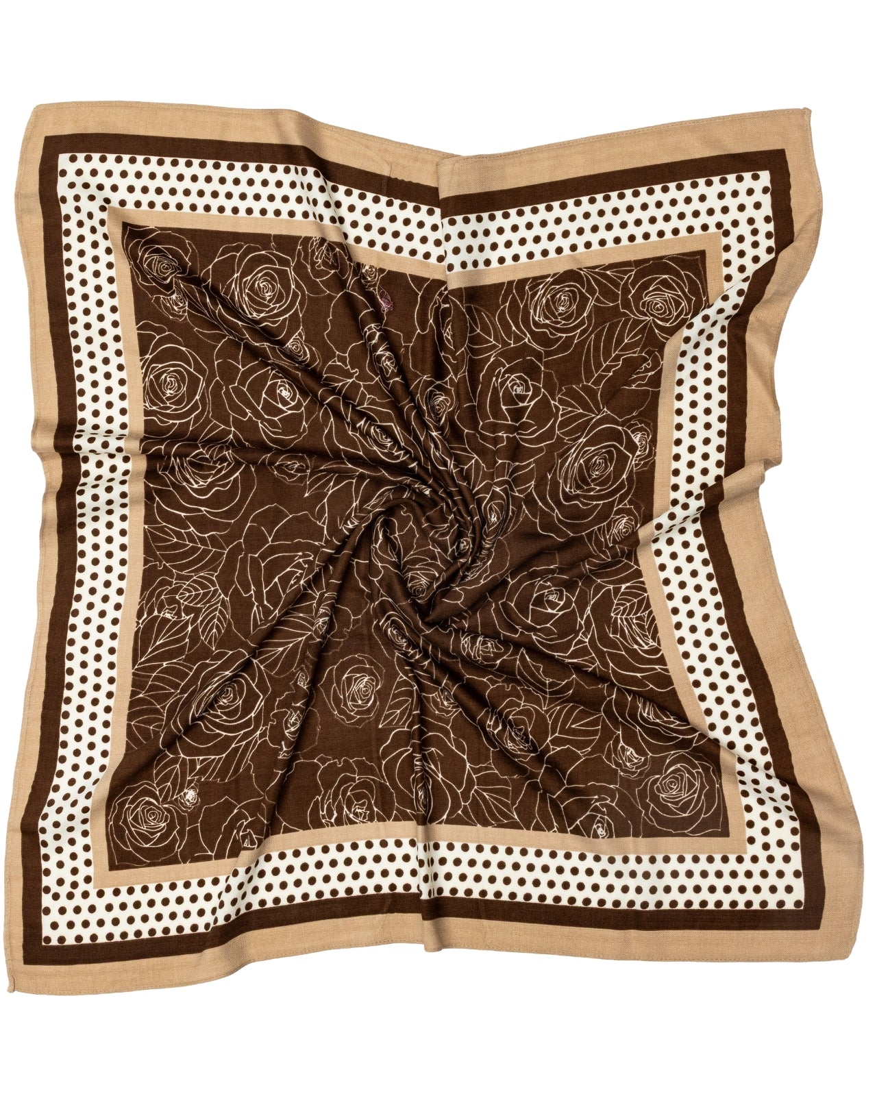 Damesjal WINGS brun 90x90 cm med blomster- og geometrisk mønster